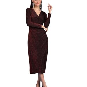 Women's Stylish Casual Evening Textured Full Sleeve V-Neck Bodycon Body Fitted Midi Dress, Maroon