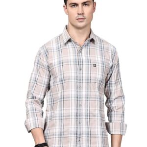 Man Stylish Slim Fit Cotton Spread Collar Checked Casual Shirt for Men(Beige)