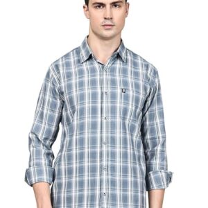 Man Stylish Slim Fit Cotton Spread Collar Checked Casual Shirt for Men(Sea Grey)