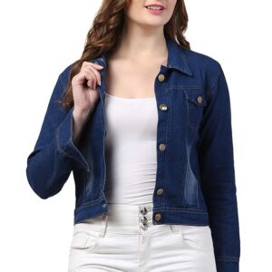 Women Denim Standard Length Full Sleeve Solid Jacket(Dark Blue )