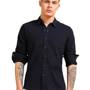 Men's Cotton Pique Regular Fit Full Sleeve Solid Knitted Shirt(Navy Blue)