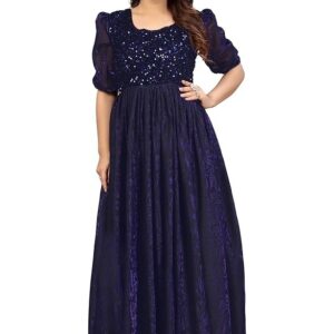 Blue Elegant Women's Long Gown | Anarkali Style | Flared Floor-Length Dress | Floral Emboss Print | Sequence Embroidery