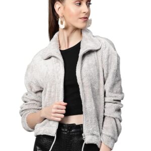 Women Drawstring Faux Fur Jacket(Grey)