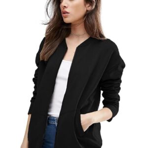 Women's Standard Length Casual Jacket For Loose Fit Drop Shoulder Loop knit  Bomber Jacket With Zipper Closure And Side Pockets( Black)