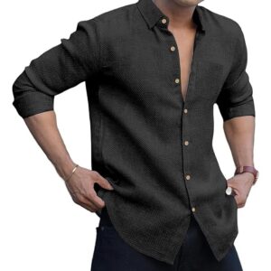 Men's Solid Linen Cotton Shirt | Casual | Plain | Full Sleeve (Black)