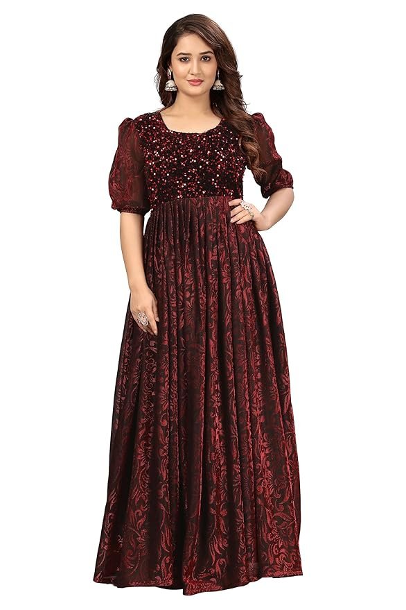 Maroon Elegant Women's Long Gown | Anarkali Style | Flared Floor-Length Dress | Floral Emboss Print | Sequence Embroidery