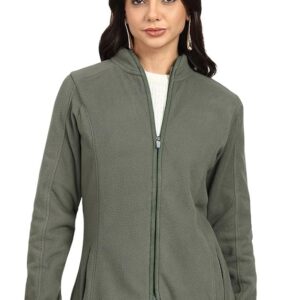 Women's Standing Collar Zipper Fleece Standard Length Jacket(Dark Olive)