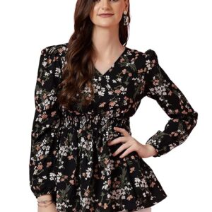 Sheetal Associates Women's Crepe Puff Sleeves Peplum Top with Floral Printed Regular Fit Full Sl