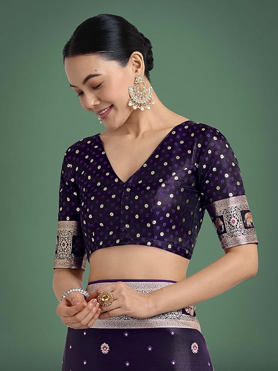 Monjolika Fashion Women's Gorgeous Banarasi Designer Satin Silk Rich Zari Woven Pallu & Unst