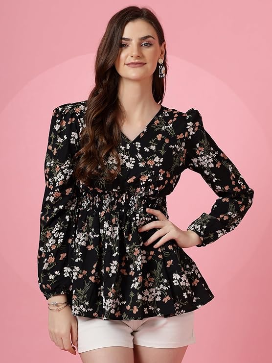 Sheetal Associates Women's Crepe Puff Sleeves Peplum Top with Floral Printed Regular Fit Full Sl