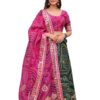 Bandhani Lehenga Choli Set, Pink and Green, Traditional Print with Gold Border