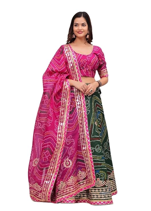 Bandhani Lehenga Choli Set, Pink and Green, Traditional Print with Gold Border