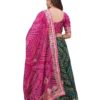 Bandhani Lehenga Choli Set, Pink and Green, Traditional Print with Gold Border