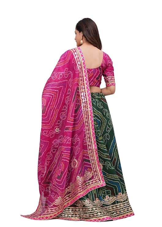 Bandhani Lehenga Choli Set, Pink and Green, Traditional Print with Gold Border