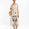 100% Cotton Embroidered Midi Dress – Ecru