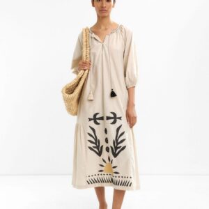 100% Cotton Embroidered Midi Dress – Ecru