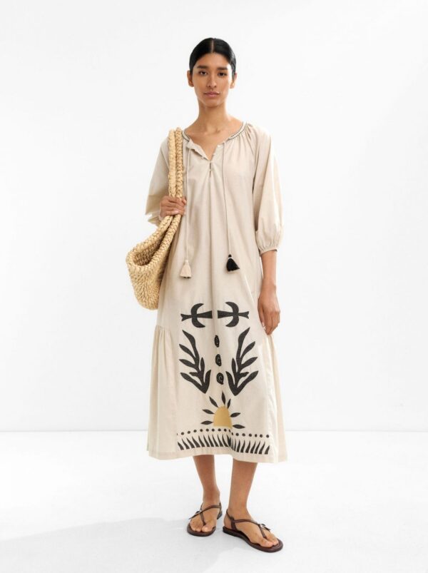 100% Cotton Embroidered Midi Dress – Ecru