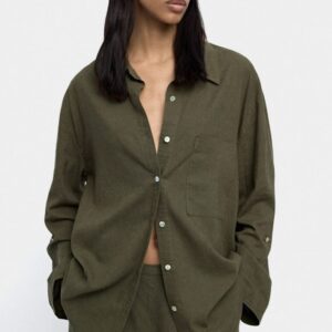 Khaki Linen-Blend Utility Shirt with Pocket Detail