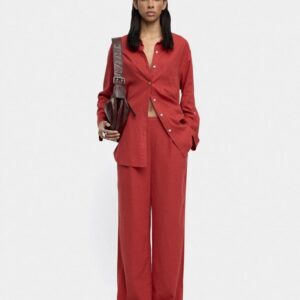Brick Red Linen-Blend Shirt with Utility Pocket