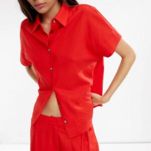 Red Linen-Blend Short-Sleeve Shirt