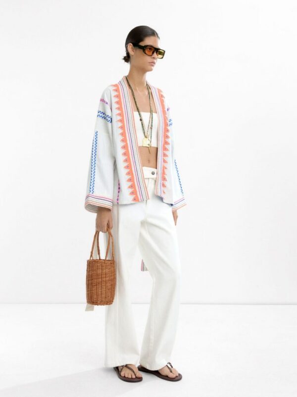 Artisan Embroidered Cotton Kimono with Multicolor Detail