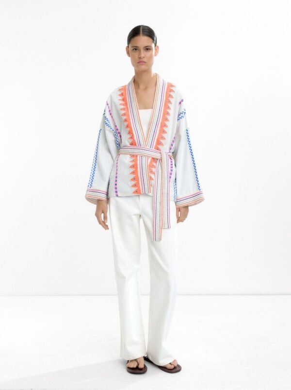 Artisan Embroidered Cotton Kimono with Multicolor Detail