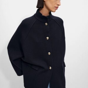 Structured High-Neck Knit Poncho in Deep Navy
