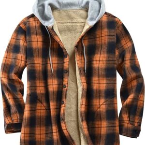 Men's Cotton Plaid Shirts Jacket Fleece Lined Flannel Shirts Sherpa Button Down Jackets with Hood