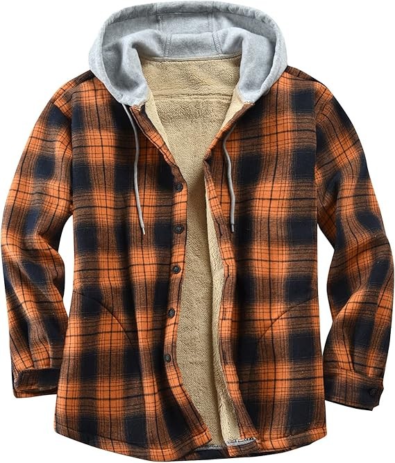 Men's Cotton Plaid Shirts Jacket Fleece Lined Flannel Shirts Sherpa Button Down Jackets with Hood