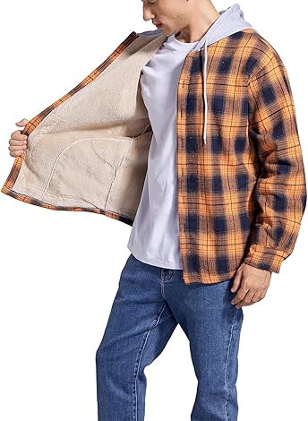 Men's Cotton Plaid Shirts Jacket Fleece Lined Flannel Shirts Sherpa Button Down Jackets with Hood