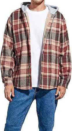 Men's Cotton Plaid Shirts Jacket Fleece Lined Flannel Shirts Sherpa Button Men