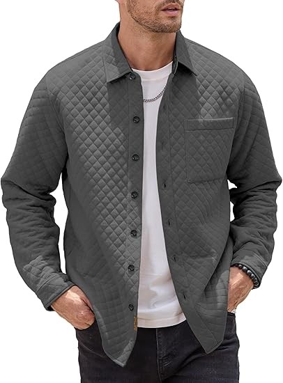 Mens Shacket Long Sleeve Jacket with Pockets Lightweight Quilted