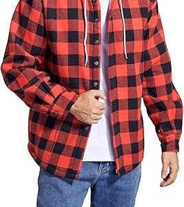 Men's Cotton Plaid Shirts Jacket Fleece Lined Flannel Shirts Sherpa Button Down Jackets with Hood for Men