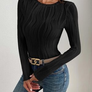 Women's Tops 2025 Cute Long Sleeve Crewneck Blouses Plain Slim Fit Fall Shirts