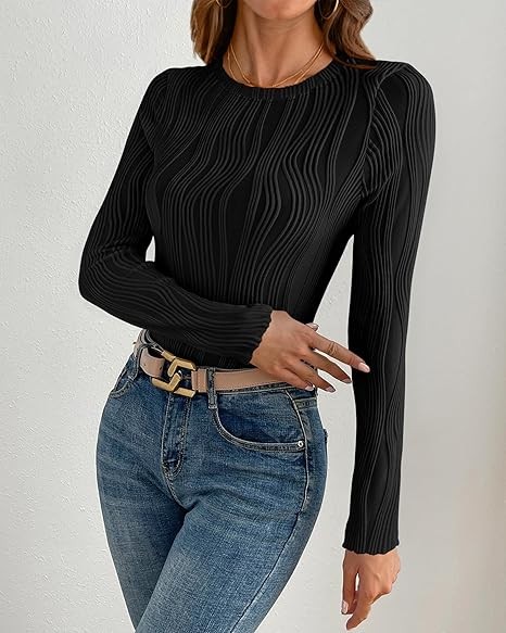 Women's Tops 2025 Cute Long Sleeve Crewneck Blouses Plain Slim Fit Fall Shirts