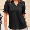 Womens Summer Short Puff Sleeves Blouses Shirts V Neck Cute Solid Knit Textured Casual Regular Fit Tops