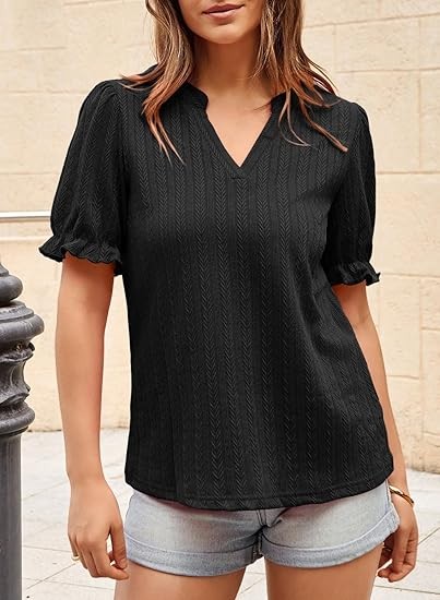 Womens Summer Short Puff Sleeves Blouses Shirts V Neck Cute Solid Knit Textured Casual Regular Fit Tops