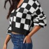 Womens Checkered V Neck Button Down Long Sleeve Cable Knit Cropped Cardigan Sweaters Tops