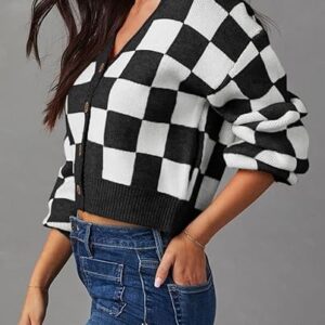 Womens Checkered V Neck Button Down Long Sleeve Cable Knit Cropped Cardigan Sweaters Tops