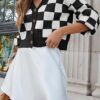 Womens Checkered V Neck Button Down Long Sleeve Cable Knit Cropped Cardigan Sweaters Tops