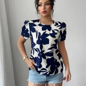 Women's Navy Blue Floral Print Short Sleeve Shirt - Lightweight Summer Casual Button-Up Blouse with Round Neck, Breathable