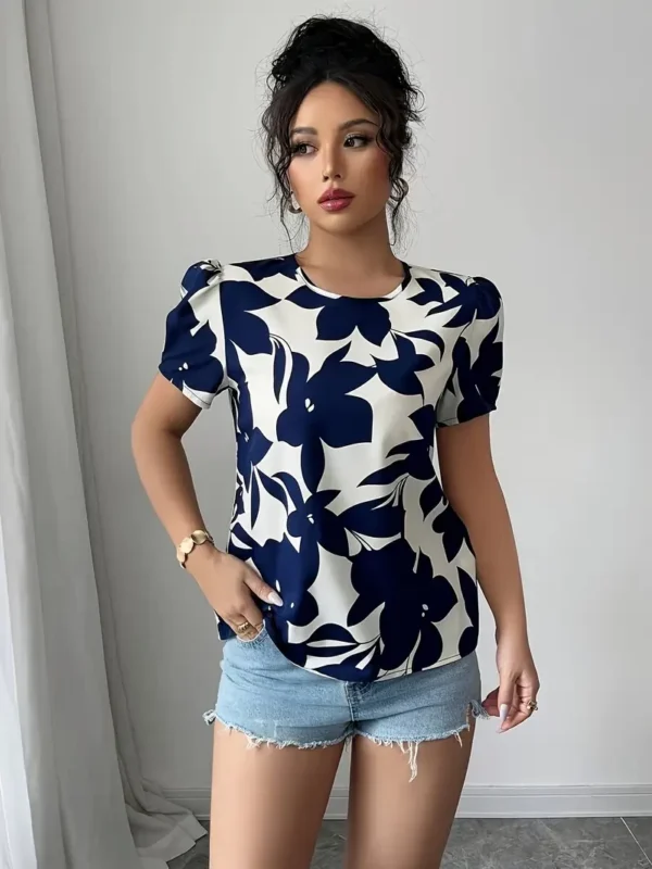 Women's Navy Blue Floral Print Short Sleeve Shirt - Lightweight Summer Casual Button-Up Blouse with Round Neck, Breathable