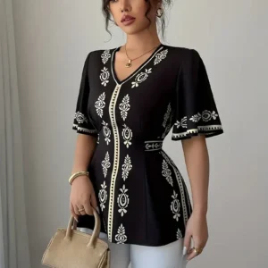 Vintage-Inspired Geometric Pattern V-Neck Blouse - Casual Short