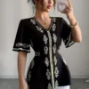 Vintage-Inspired Geometric Pattern V-Neck Blouse - Casual Short